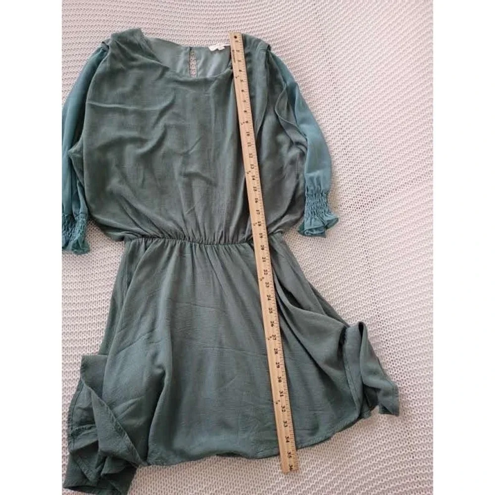 UMGEE‎ Sage Green Linen Mini Dress Blue Contrast Slve Smocked Cuff S Cottagecore
